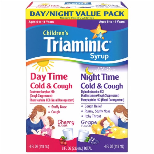Triaminic® Children’s Cherry Flavor Day Time and Grape Flavor Night Time Cold & Cough Syrup Perspective: front