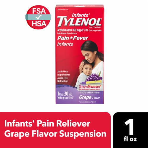 Tylenol® Infants' Pain + Fever Reliever Grape Oral Suspension 160mg Perspective: front