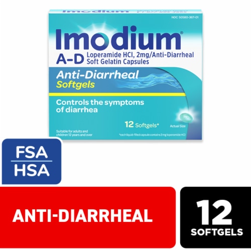 Imodium A-D Anti-Diarrheal Softgels, Loperamide Hydrochloride Perspective: front