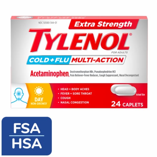 Tylenol Extra Strength Cold + Flu Multi-Action Daytime Caplets Perspective: front