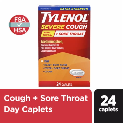 Tylenol Extra Strength Severe Cough + Sore Throat Caplets Perspective: front