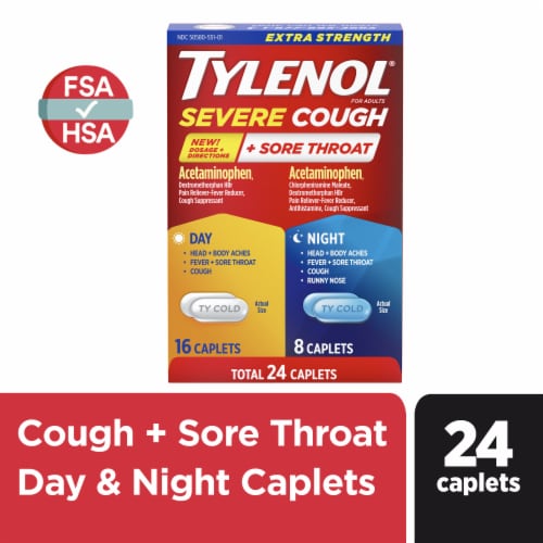 Tylenol Extra Strength Cough + Sore Throat Day & Night Caplets Perspective: front