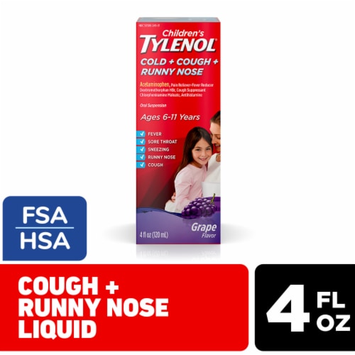 Children's Tylenol Cold + Cough + Runny Nose Grape Flavor Oral Suspension Perspective: front