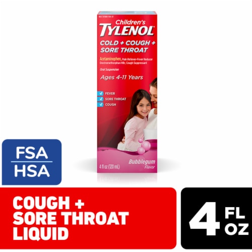 Tylenol® Children’s Bubblegum Flavor Cold + Cough + Sore Throat Medicine Perspective: front