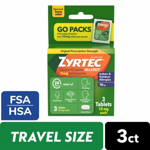 Zyrtec 24 Hour Allergy Tablets 10 Mg Cetirizine Hcl Antihistamine Travel Size Perspective: front