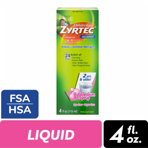 Children's Zyrtec Dye-Free Sugar-Free Bubble Gum Allergy Syrup Perspective: front