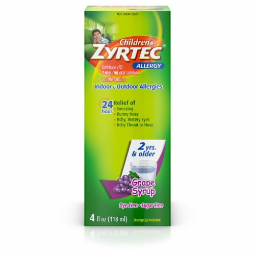 Zyrtec 24 Hr Children's Allergy Relief Syrup, Grape Flavor, 4 fl. oz Perspective: front
