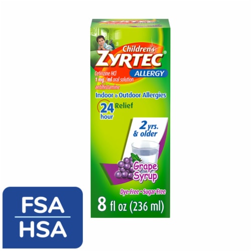 Children's Zyrtec 24 Hour Allergy Relief Dye-Free Sugar-Free Syrup Cetirizine HCl Grape Flavor Perspective: front