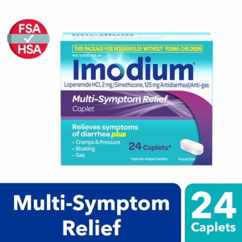 Imodium Multi-Symptom Relief Anti-Diarrheal Easier To Open Caplets Perspective: front
