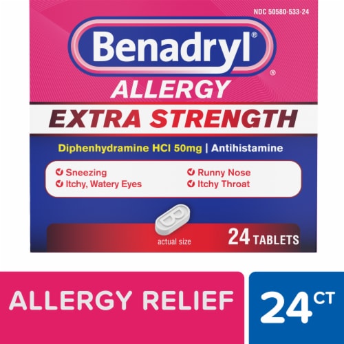 Benadryl Extra Strength Allergy & Cold Relief Tablets Diphenhydramine HCl Perspective: front