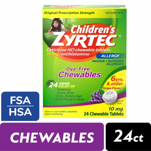 Children's Zyrtec 24 Hour Allergy Relief Dye-Free Chewable Tablets Cetirizine HCl 10 mg Grape Flavor Perspective: front