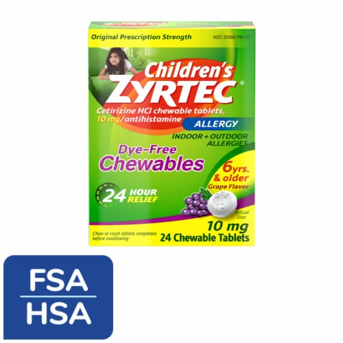 Children's Zyrtec 24 Hour Allergy Relief Dye-Free Chewable Tablets Cetirizine HCl 10 mg Grape Flavor Perspective: front