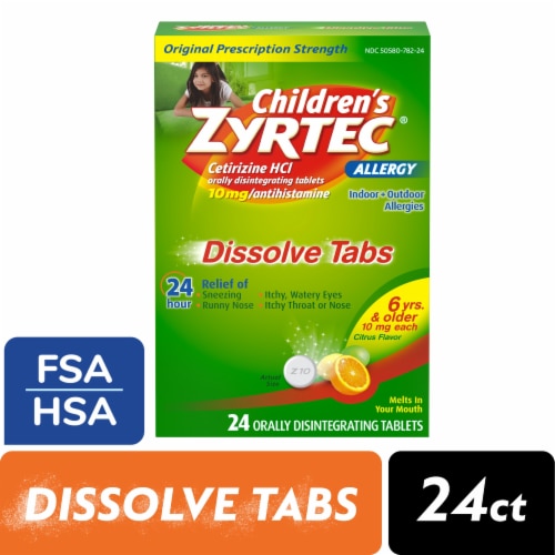 Children's Zyrtec 24 Hour Allergy Relief Dissolve Tabs Cetirizine HCl Citrus Flavor Perspective: front