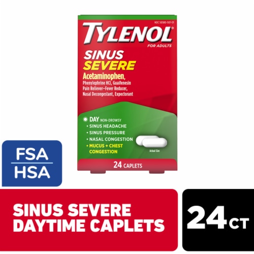 Tylenol Sinus Severe Non-Drowsy Cold & Flu Caplets Acetaminophen Guaifenesin & Phenylephrine HCl Perspective: front
