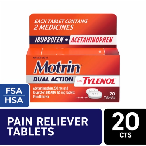Motrin Dual Action with Tylenol Fast-Acting Dual Action Pain Reliever with Ibuprofen & Acetaminophen Perspective: front