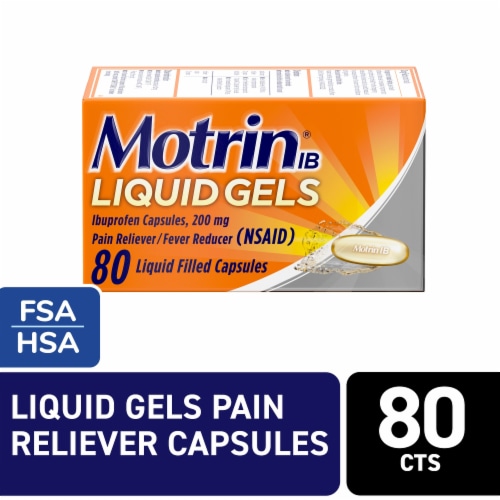 Motrin IB Liquid Gels, IBuprofen 200Mg, Pain & Fever Relief Perspective: front