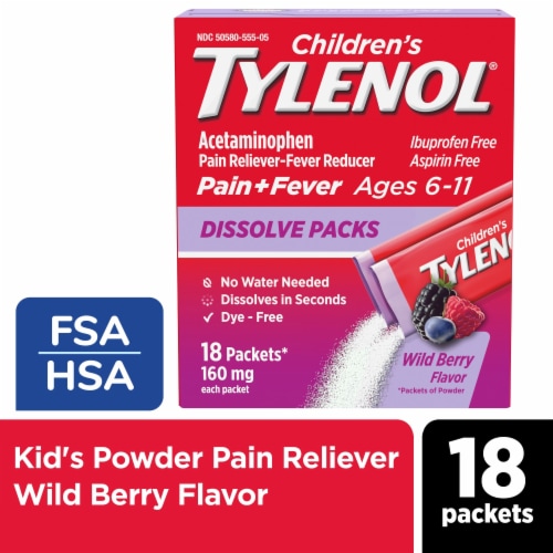 Tylenol Children's Wild Berry Pain + Fever Relief Powder Packets 160mg Perspective: front