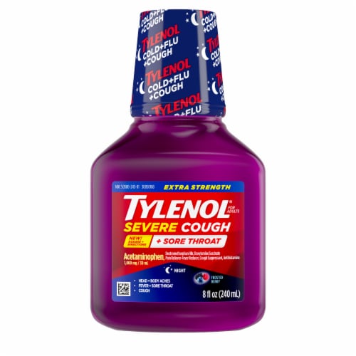 Tylenol Extra Strength Severe Cough + Sore Throat Night Liquid Frosted Berry Perspective: front