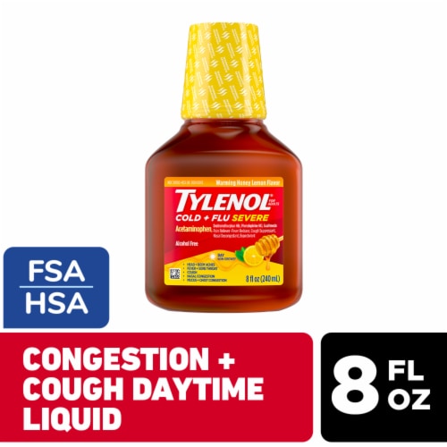 Tylenol Cold + Flu Severe Daytime Warming Honey Lemon Flavor Liquid Perspective: front