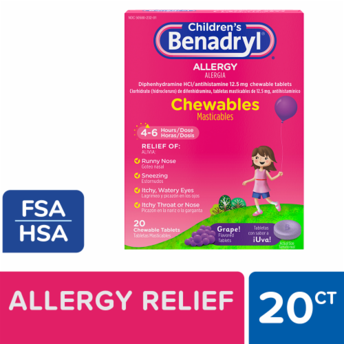 Children's Benadryl Allergy & Cold Relief Chewable Tablets Diphenhydramine HCl Grape Flavor Perspective: front