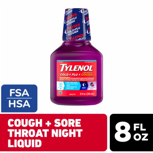 Tylenol Cold + Flu + Cough Night Liquid Medicine, Wild Berry Perspective: front