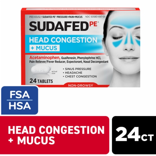 Sudafed PE Head Congestion + Mucus Relief Tablets Acetaminophen, Guaifenesin, Phenylephrine HCl Perspective: front