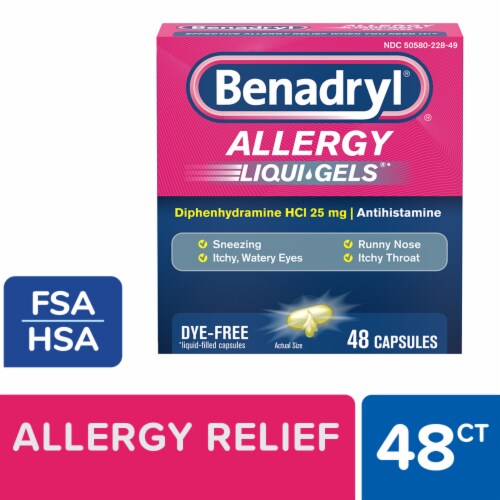 Benadryl Allergy & Cold Relief Dye-Free Liqui-Gels Diphenhydramine HCl Perspective: front