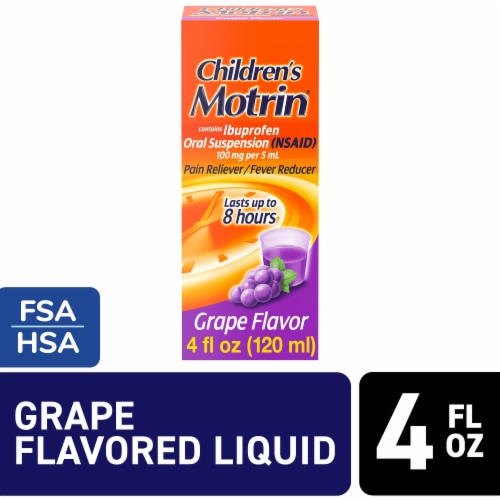Children's Motrin Oral Suspension Pain Relief Ibuprofen Grape Flavored Perspective: front