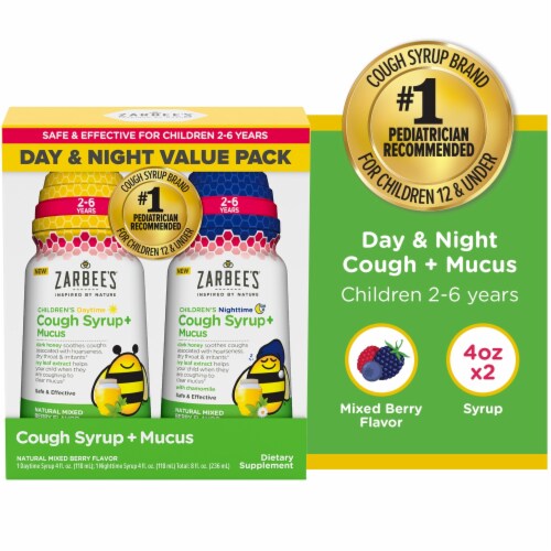 Zarbee's Children's Cough Syrup + Mucus Day & Night Pack Berry Perspective: front