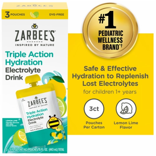 Zarbee's Triple Action Hydration Electrolyte Drink for Kids Dye-Free Lemon Lime Flavor Perspective: front