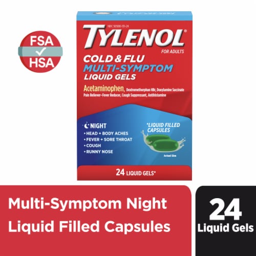 Tylenol Nighttime Cold & Flu Multi-Symptom Relief Liquid Gels Perspective: front
