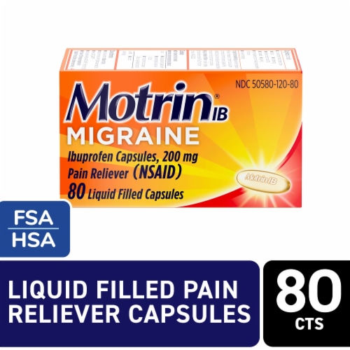 Motrin IB Migraine Relief Liquid Gel Caps, IBuprofen 200 Mg Perspective: front