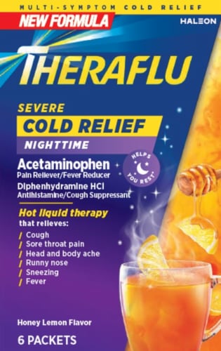 Theraflu Nighttime Severe Cold Relief Honey Lemon Flavor Powder Perspective: front