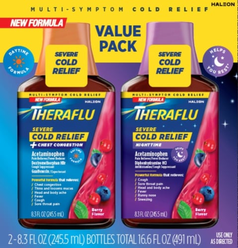Theraflu Severe Cold Relief Berry Flavor Syrup Combo Pack Perspective: front