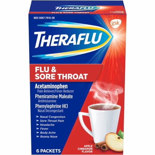 Theraflu Flu & Sore Throat Apple Cinnamon Powder Perspective: front