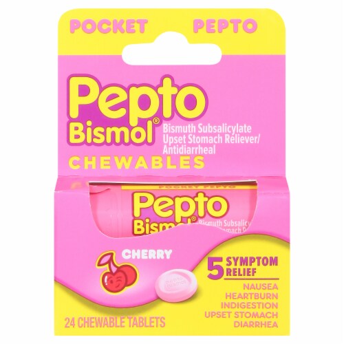 Pepto-Bismol To-Go Upset Stomach Reliever Cherry Chewables Perspective: front