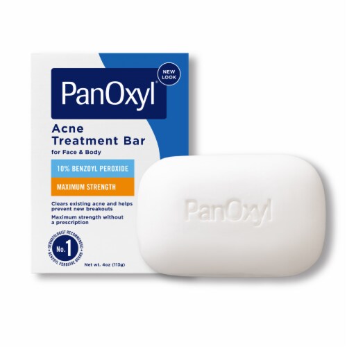 PanOxyl® Acne Treatment Bar 10% Benzoyl Peroxide for Face and Body Soap-Free pH Balanced Perspective: front