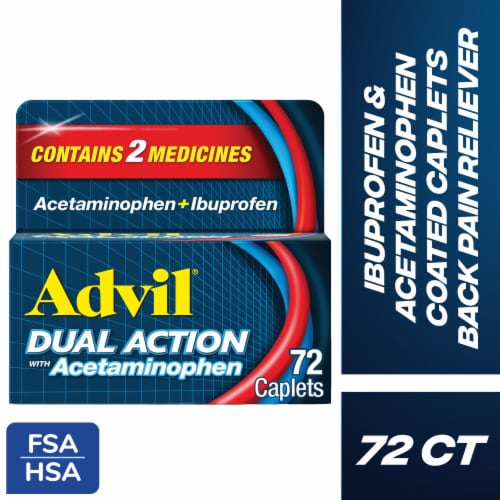 Advil Dual Action Back Pain Caplets with Ibuprofen and Acetaminophen for 8 Hours of Back Pain Relief Perspective: front