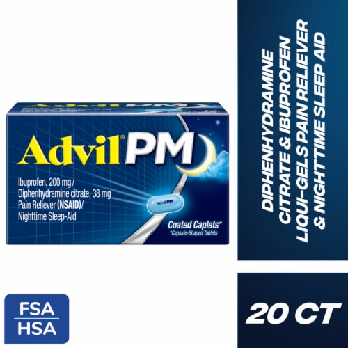 Advil PM Pain Reliever Nighttime Sleep Aid Ibuprofen Diphenhydramine Citrate Perspective: front