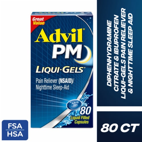 Advil® PM Liqui-Gels® Pain Reliever/Nighttime Sleep Aid Liquid Filled Capsules Perspective: front