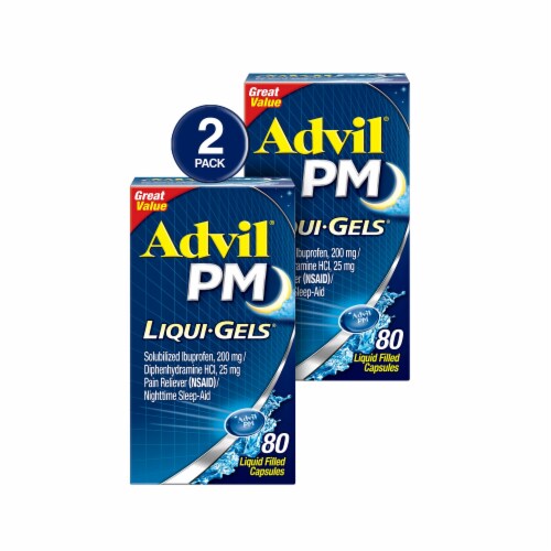 Advil PM Liqui-Gels Pain Reliever & Nighttime Sleep-Aid Liquid Filled Capsules Perspective: front