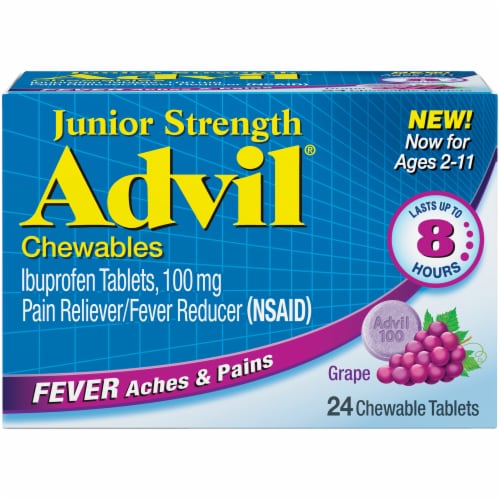 Advil Junior Pain Reliever and Fever Reducer Chewable Kids Ibuprofen Perspective: front