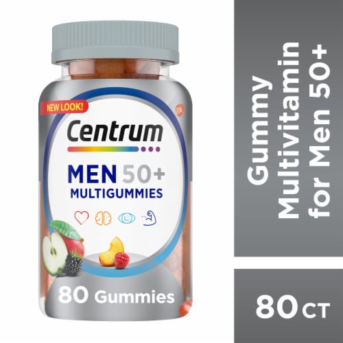 Centrum Multigummies for Men Fifty Plus Multivitamin and Multimineral Assorted Fruit Flavor Gummies Perspective: front