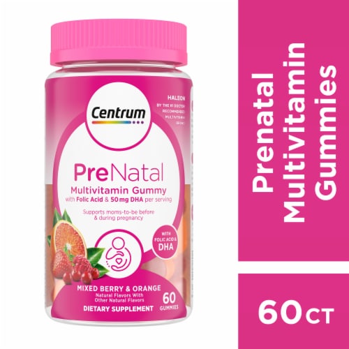 Centrum Prenatal Multivitamin with DHA and Folic Acid Mixed Berry and Orange Flavor Gummies Perspective: front
