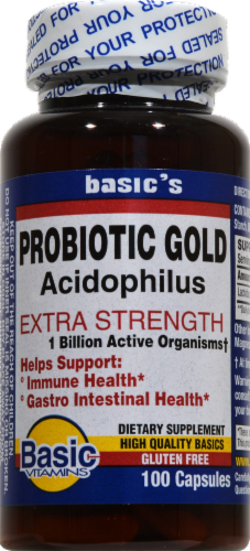 Basic Extra Strength Probiotic Gold Acidophilus Capsules Perspective: front