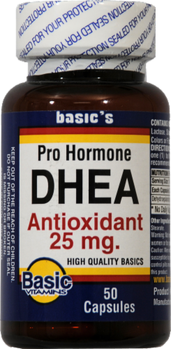Basic Pro Hormone DHEA Antioxidant Capsules 25mg Perspective: front