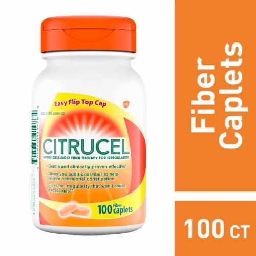 Citrucel Methylcellulose Fiber Orange Flavor for Occasional Constipation Relief Caplets Perspective: front