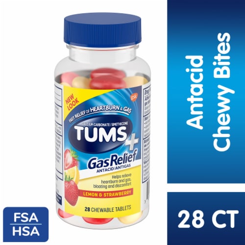 TUMS+ Gas Relief Chewy Bites Chewable Antacid Tablets, Lemon & Strawberry Perspective: front