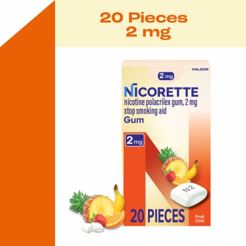 Nicorette Nicotine Gum Stop Smoking Aid 2 mg Fruit Chill Flavor Perspective: front