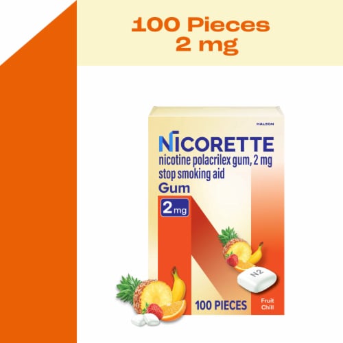 Nicorette Nicotine Gum Stop Smoking Aid 2 mg Fruit Chill Flavor Perspective: front